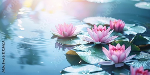 The image is a beautiful pond with pink water lilies in bloom. The sun is shining brightly  and the water is reflecting the light. The image is peaceful and serene.