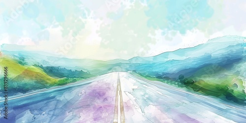 The image is a watercolor painting of a road going through a valley. The sky is blue and the sun is shining. The road is surrounded by green hills.