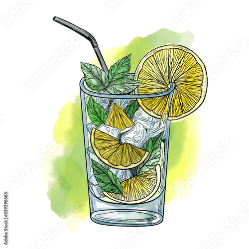 Lemon drink with ice and mint in glass with black straw. Mojito or lemonade illustration. Watercolor vector art with graphic elements  isolated on white background. 