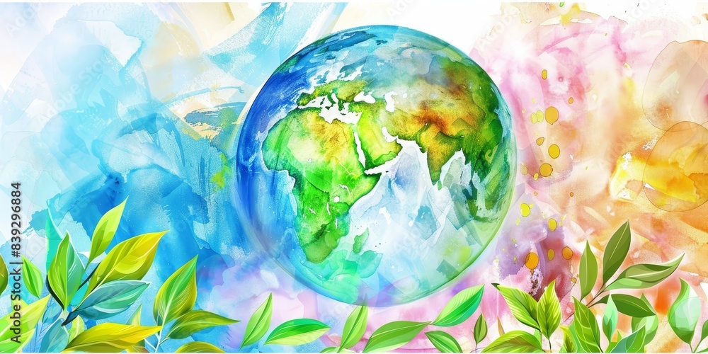 The image shows watercolor drawing of Earth with green leaves. The image shows watercolor drawing of Earth with green leaves.