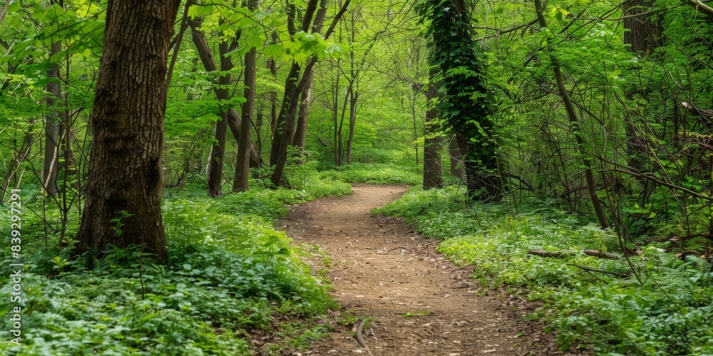 The photo shows a dirt path in a dense forest. The photo shows a dirt path in a dense forest.