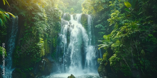 The photo shows a beautiful waterfall in the middle of a green jungle with bright sun rays shining through the trees.