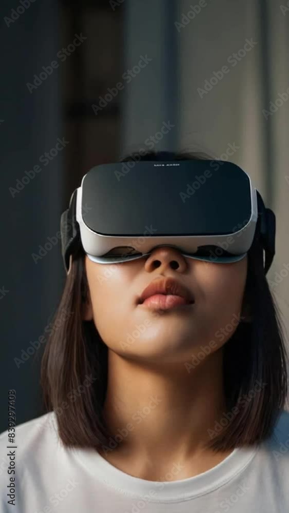 Beautiful woman relaxing and playing VR goggles at home. the concept of metaverse, versual reality, future, technology, and internet of things.social media story background set Beautiful woman relaxing and playing VR goggles at home. the concept of metaverse, versual reality, future, technology, and internet of things.social media story background set