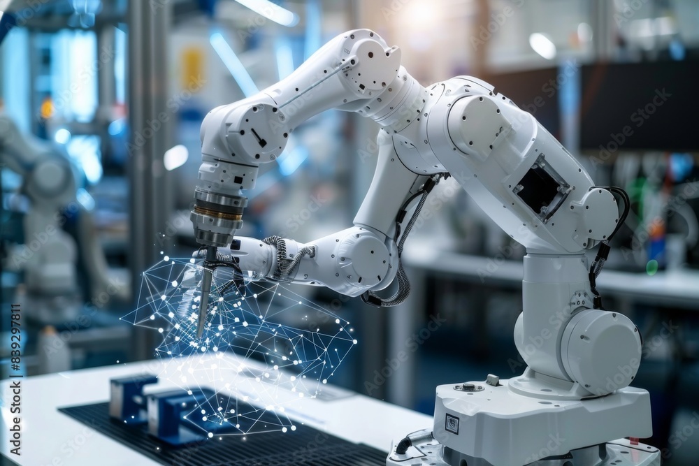 A robot operating a computer in a manufacturing plant A robot operating a computer in a manufacturing plant