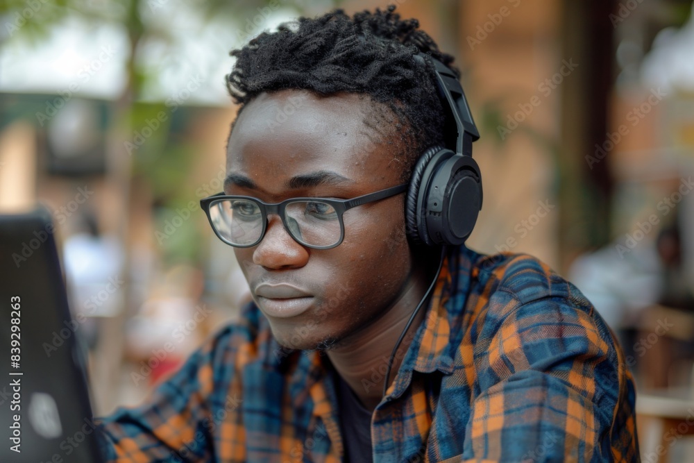 Man in headphones working on laptop Man in headphones working on laptop