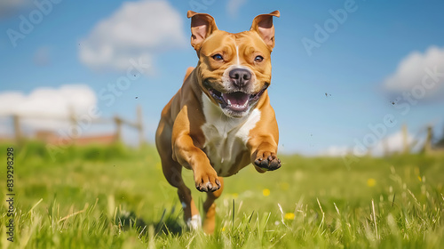 a dog running in the grass with a sky background 