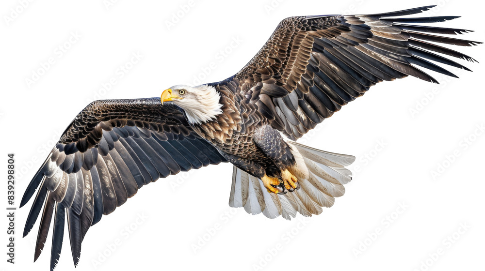Obraz premium A Bald Eagle soars with wings outstretched against a clean, white background