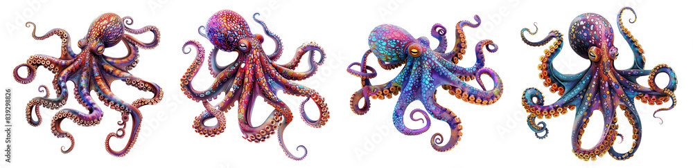 Vibrant and colorful octopus illustrations with detailed textures on transparent background Vibrant and colorful octopus illustrations with detailed textures on transparent background