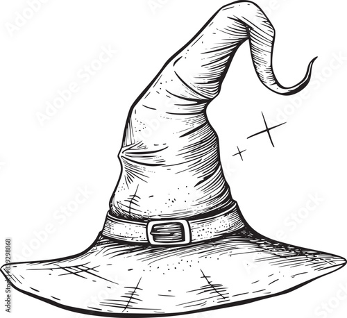 Witch hat. Halloween vector wizard icon. Witch cap. Black line magic sketch illustration. Haloween cartoon. Magician logo isolated. Scary helloween hand drawn costume element. Witchcraft drawing art