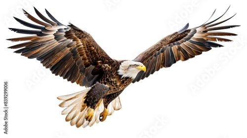 Bald eagle in flight against a white background