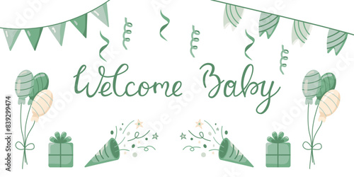Vector invitation card template for baby gender reveal party. Welcome baby greeting card. Color illustration with balloons and gifts in color for boys on a white background.