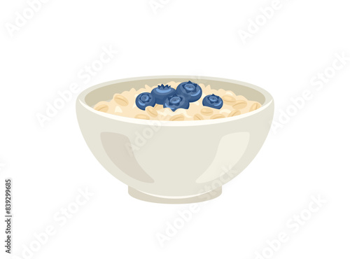 Oatmeal porridge with blueberry in white bowl. Vector cartoon flat illustration of healthy food.