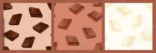 Set of backgrounds with pieces of chocolate. Black, white and milk chocolate seamless pattern. Vector cartoon flat illustration.