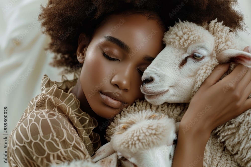 Woman Embracing Sheep in Serene Setting Woman Embracing Sheep in Serene Setting