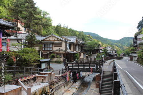 A view of the Yunomine Onsen, a hot spring system and resort town in Tanabe, near Hongu Town in southern Wakayama Prefecture, Japan. The Tsuboyu bath is located there, a UNESCO World Heritage site photo