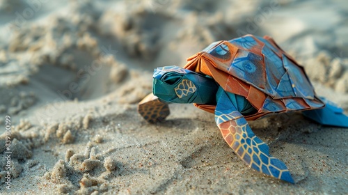 Handcrafted origami sea turtle from multicolored paper, resting on sandy ocean floor, top copy space photo