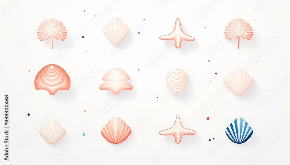 seashells collection flat design top view beach theme cartoon drawing pastel colors seashells collection flat design top view beach theme cartoon drawing pastel colors