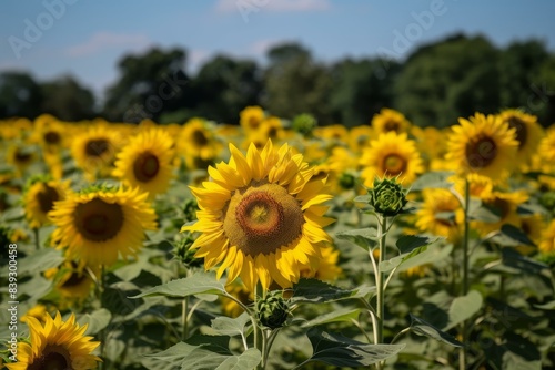 Vibrant sunflowers stand tall in a field with lush greenery on a sunny day