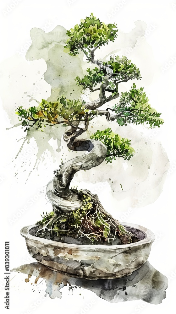 Watercolor painting of a bonsai tree showing ancient wisdom Watercolor painting of a bonsai tree showing ancient wisdom