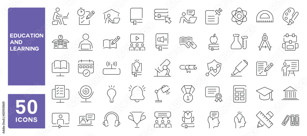 Set of 50 line icons related to education, learning, school,university, online training, Editable stroke. Vector illustration