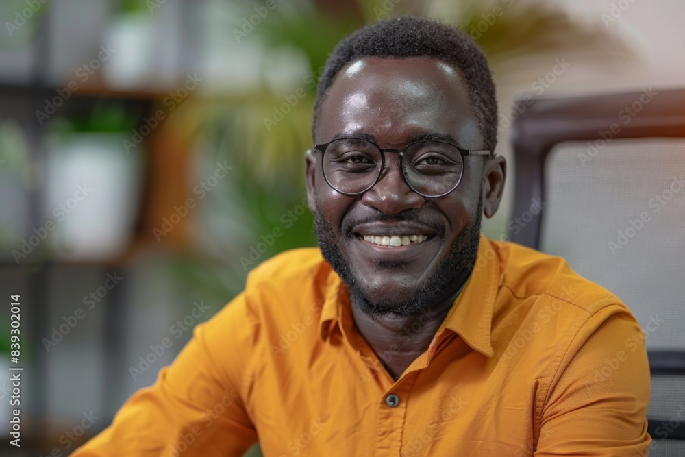 Happy man in orange top seated in front of TV Happy man in orange top seated in front of TV