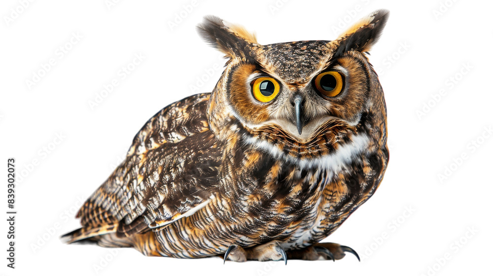A Great Horned Owl stares intensely at the viewer A Great Horned Owl stares intensely at the viewer