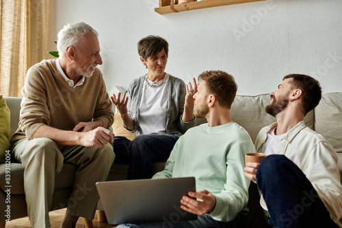 Foto A gay couple and parents share a warm and engaging conversation in their living room