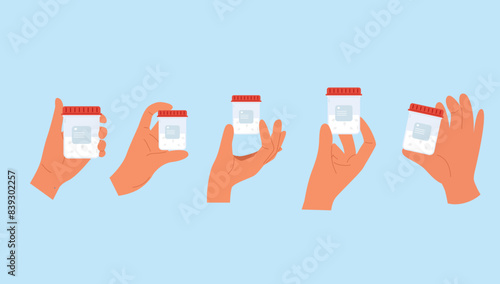Set of illustrations with semen analysis. Plastic container for sperm sample