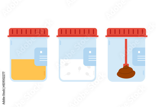 Laboratory analysis set of feces, urine and semen. Medical samples in plastic container