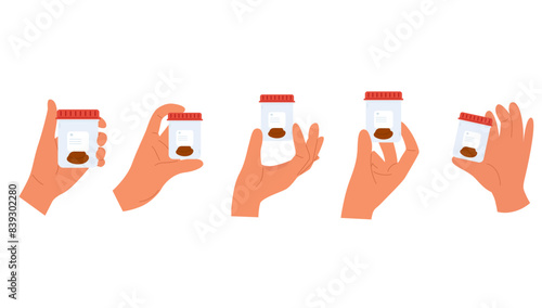 Set of illustrations with stool analysis. Hands hold container with poop sample. Medical check up