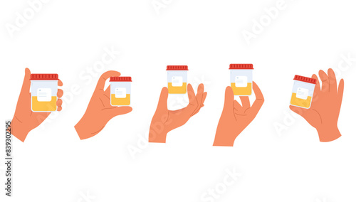 Set of illustrations with medical urine sample in a tube. Laboratory container with pee sample