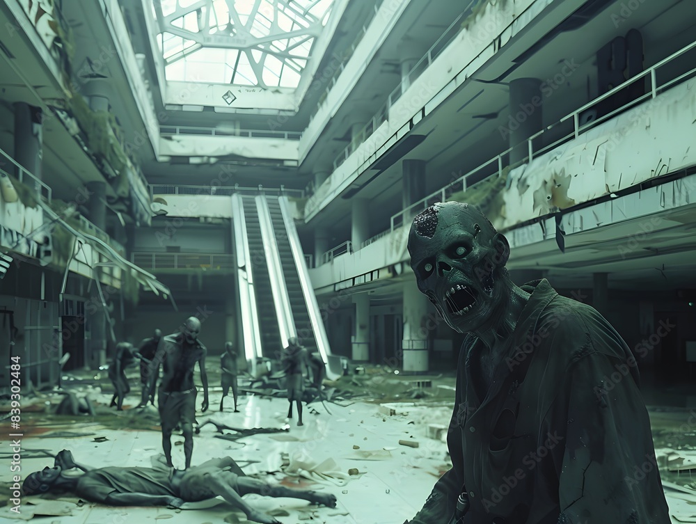 A post-apocalyptic mall overrun by zombies, showcasing eerie, abandoned hallways and escalators with scattered debris and lifeless bodies. A post-apocalyptic mall overrun by zombies, showcasing eerie, abandoned hallways and escalators with scattered debris and lifeless bodies.