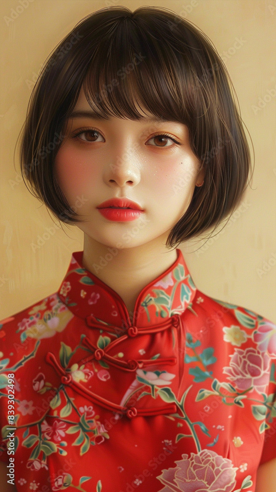 Chinese girl with short hair, wearing a red cheongsam and floral pattern dress. Chinese girl with short hair, wearing a red cheongsam and floral pattern dress.