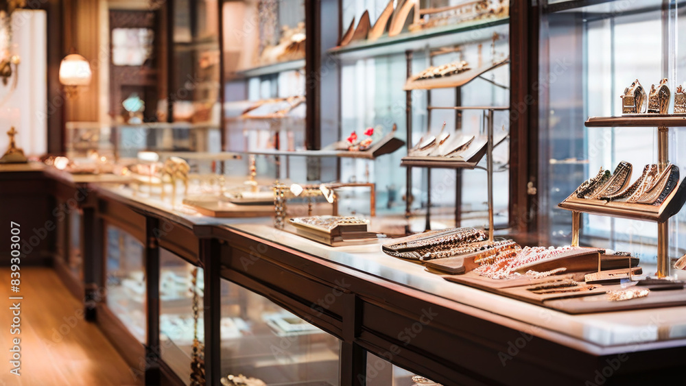 Several pieces of jewelry displayed on stands. a ring with a large gemstone, Fon indicates a luxurious setting, A jewelry store or showcase Several pieces of jewelry displayed on stands. a ring with a large gemstone, Fon indicates a luxurious setting, A jewelry store or showcase