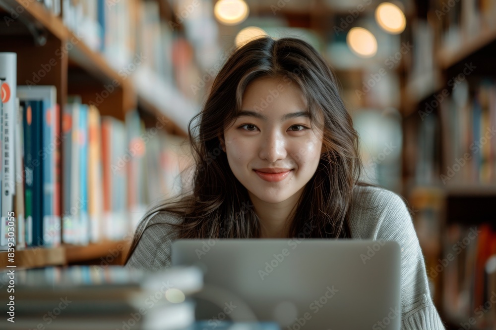 Woman using laptop in library Woman using laptop in library