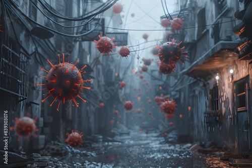 Eerie urban alley with floating virus particles, showcasing pandemic effects on dystopian cityscape. photo