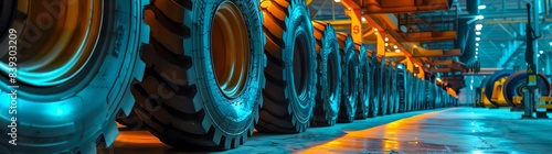 A row of heavy duty tires in an industrial setting, illuminated by orange and blue lights, symbolizing the strength that these tires bring to commercial vehicles