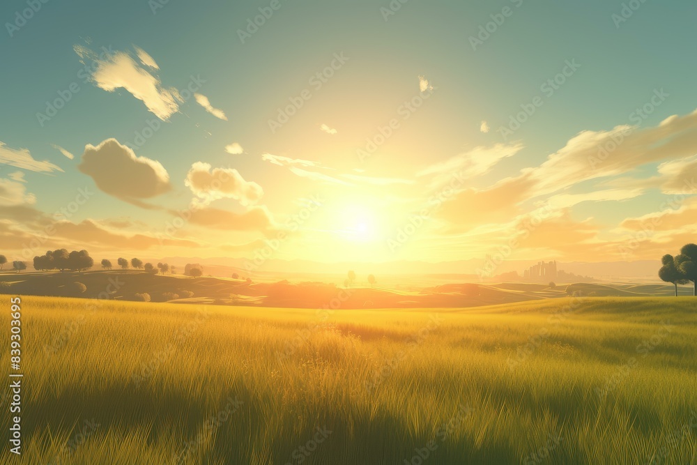 Tranquil scene of a sunrise casting a warm glow over expansive agricultural fields Tranquil scene of a sunrise casting a warm glow over expansive agricultural fields