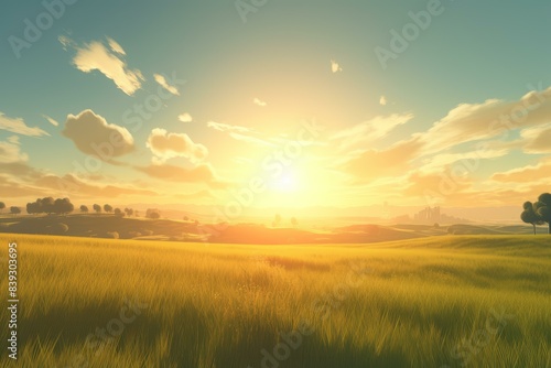 Tranquil scene of a sunrise casting a warm glow over expansive agricultural fields