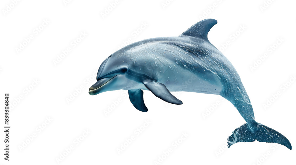 A dolphin leaps out of the water, with a white background A dolphin leaps out of the water, with a white background