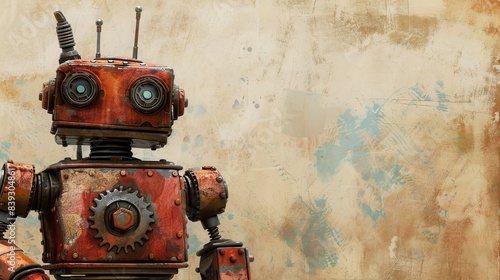 Retro Robot Intricate Gears and Wires on Vintage Paper Steampunk Inspired Illustration