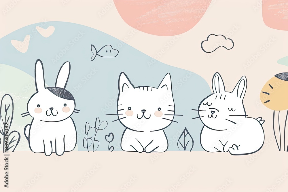 Minimalist line drawings of cute animals like cats, dogs, and bunnies on a pastel background Minimalist line drawings of cute animals like cats, dogs, and bunnies on a pastel background
