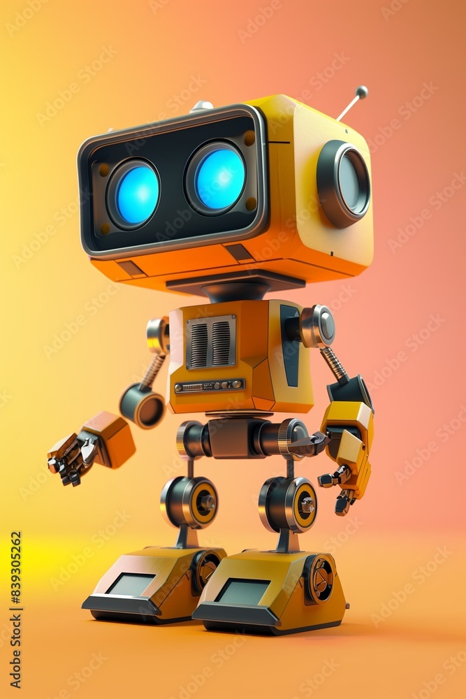 Robot development concept. Cute cartoon robot on a yellow background. Future technologies. Home assistant. Smart House. Business technology Robot development concept. Cute cartoon robot on a yellow background. Future technologies. Home assistant. Smart House. Business technology
