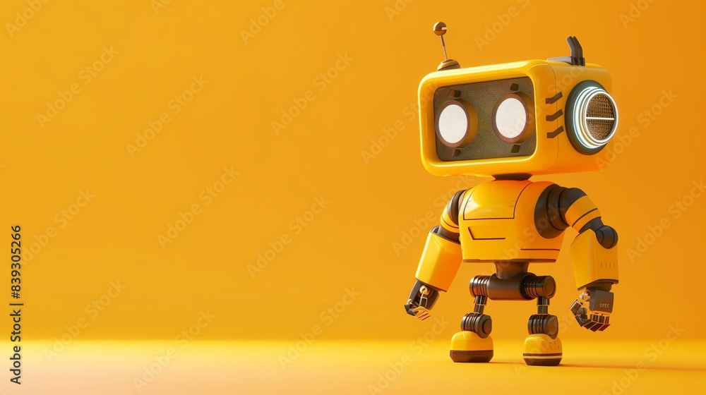 Robot development concept. Cute cartoon robot on a yellow background. Future technologies. Home assistant. Smart House. Business technology Robot development concept. Cute cartoon robot on a yellow background. Future technologies. Home assistant. Smart House. Business technology