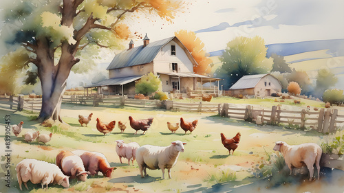 Watercolor illustration farm animals