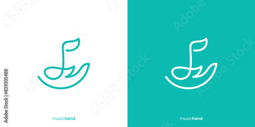 Music Hand Logo Designs. Hand and Musical Notes with Line Art Outline Style Logo, Icon, Symbol, Vector, Design Template.