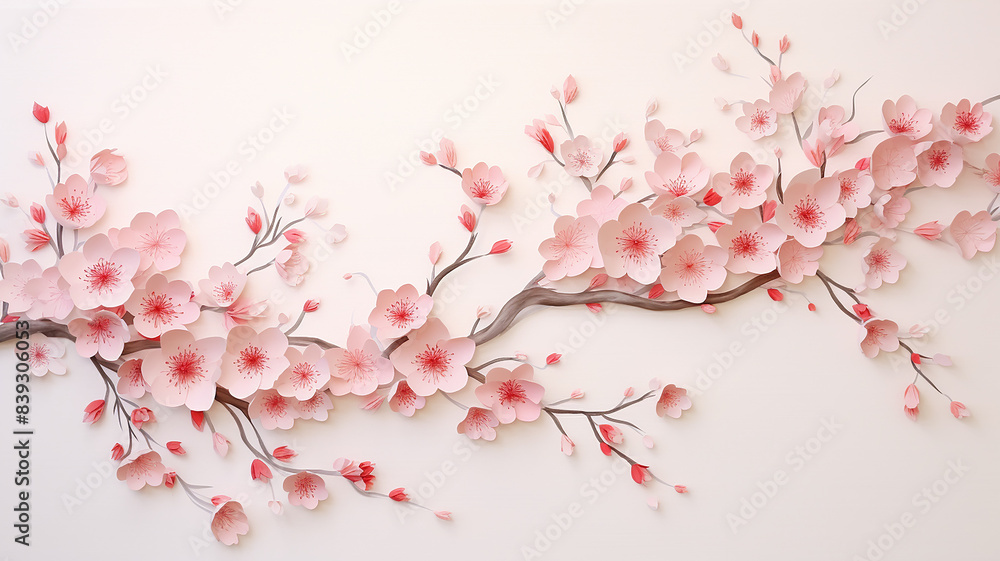 A blooming sakura branch, pink flowers on a light background, a romantic image of spring A blooming sakura branch, pink flowers on a light background, a romantic image of spring