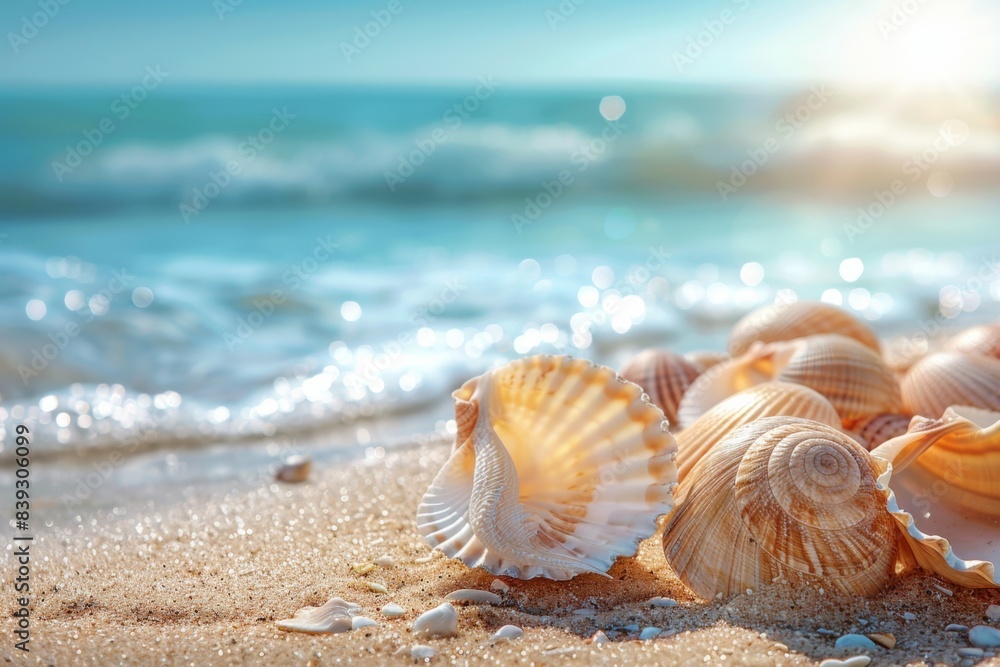 Shells scattered around beach near ocean Shells scattered around beach near ocean
