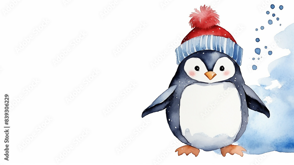 Fototapeta premium Funny baby penguin, a postcard with a cute winter character on a white background