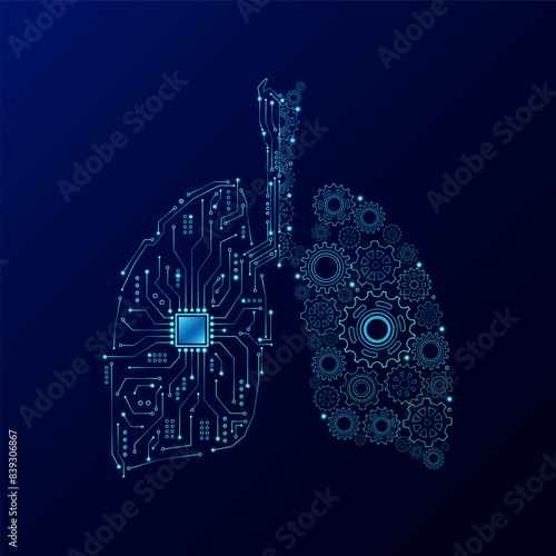 Gear engineering cogwheel and electronic circuit in form lung human. Innovation propulsion health care medical technology futuristic.  Mechanical digital organ on dark blue background. Vector EPS10.